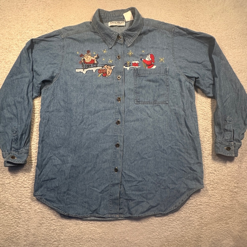 Vintage Tangibles Womens Denim Button Shirt‎ Santa Christmas Embroidered XL
